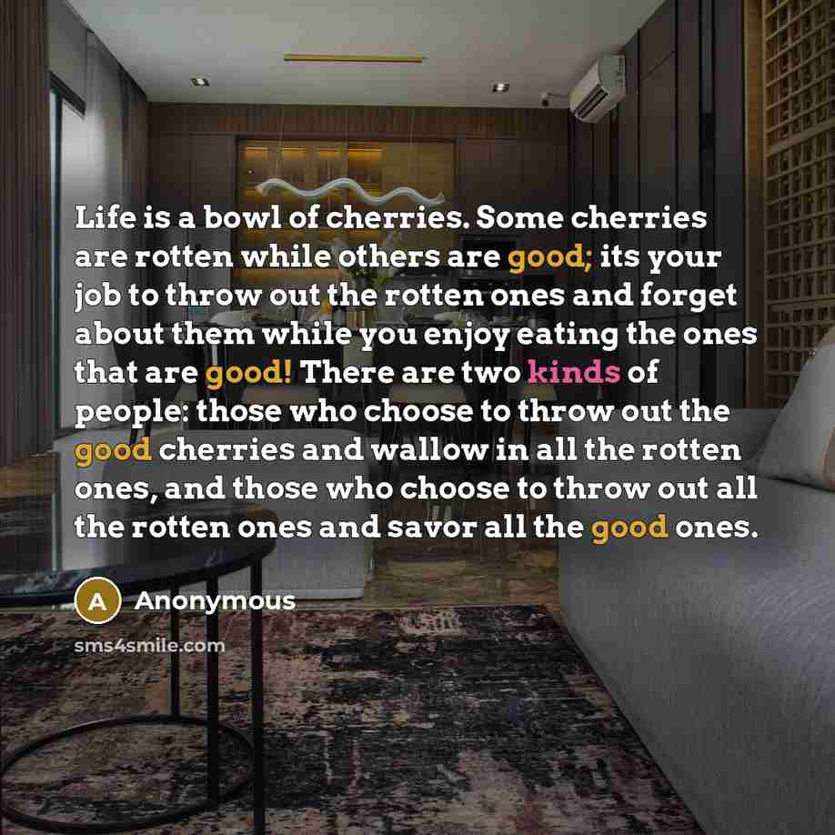 “Life is a bowl of cherries. Some cherries are rotten while others are good; its your job to throw out the rotten ones and forget about them while you enjoy eating the ones that are good! There are two kinds of people: those who choose to throw out the good cherries and wallow in all the rotten…” quote by Anonymous