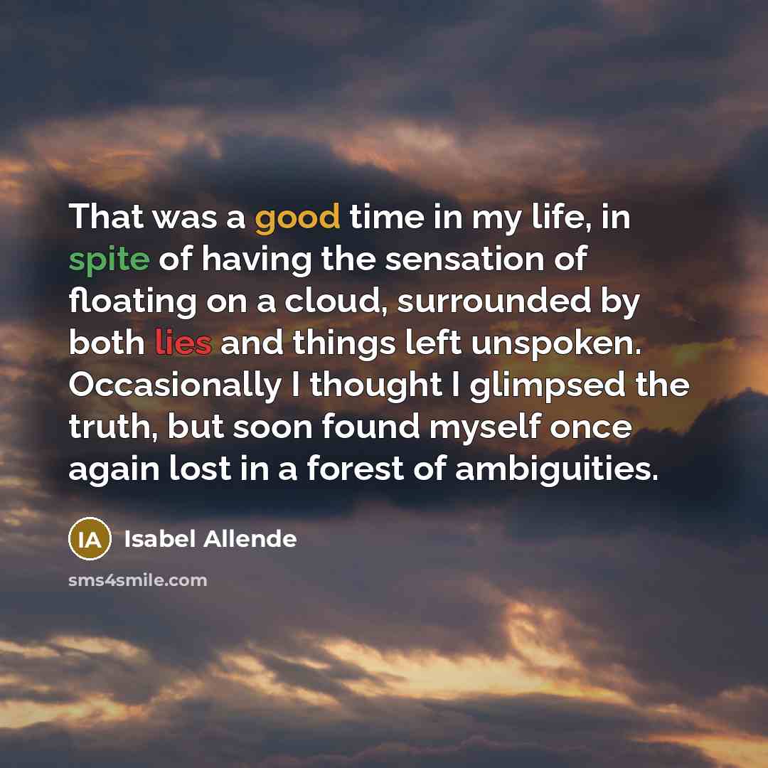 “That was a good time in my life, in spite of having the sensation of floating on a cloud, surrounded by both lies and things left unspoken. Occasionally I thought I glimpsed the truth, but soon found myself once again lost in a forest of ambiguities.” quote by Isabel Allende