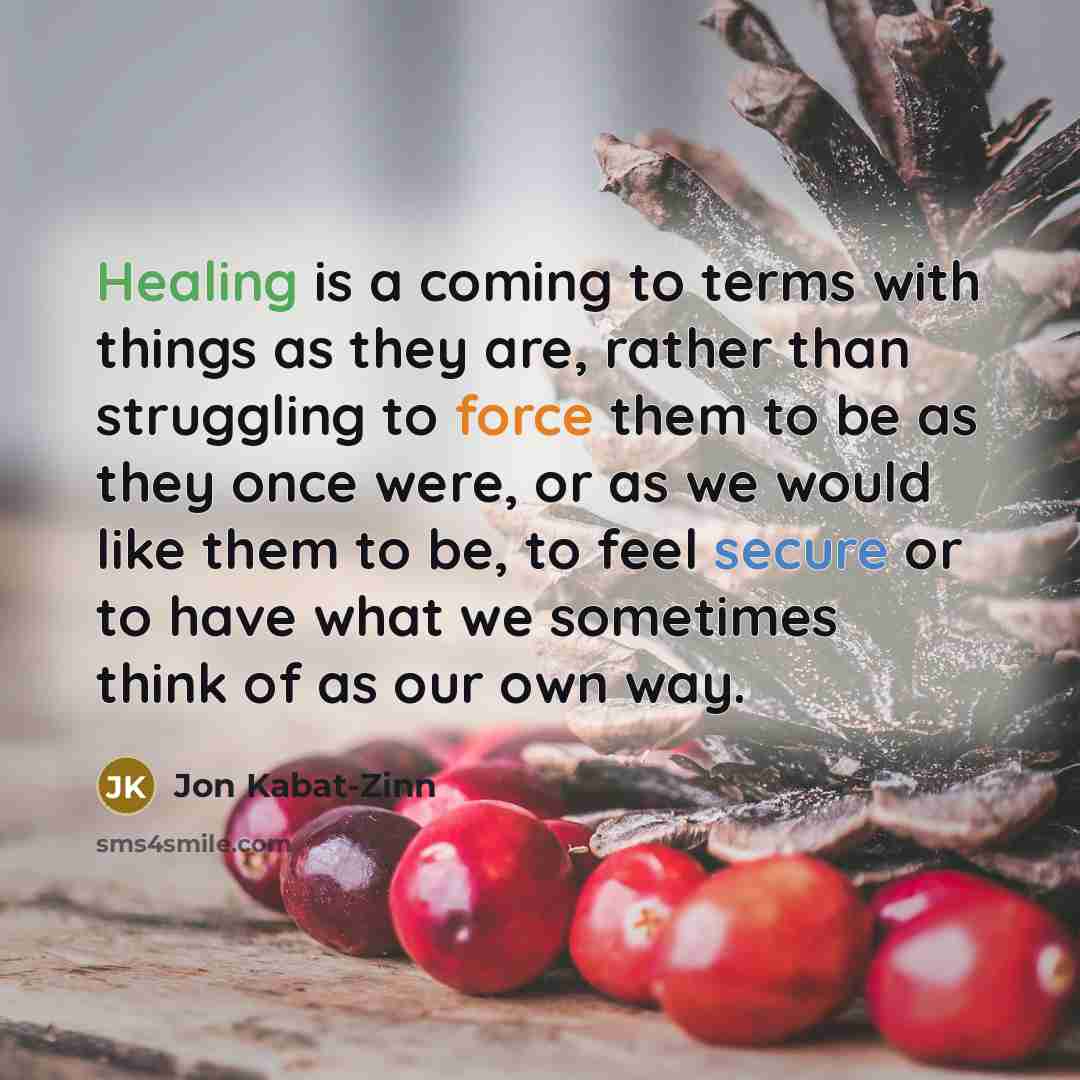 “Healing is a coming to terms with things as they are, rather than struggling to force them to be as they once were, or as we would like them to be, to feel secure or to have what we sometimes think of as our own way.” quote by Jon Kabat-Zinn