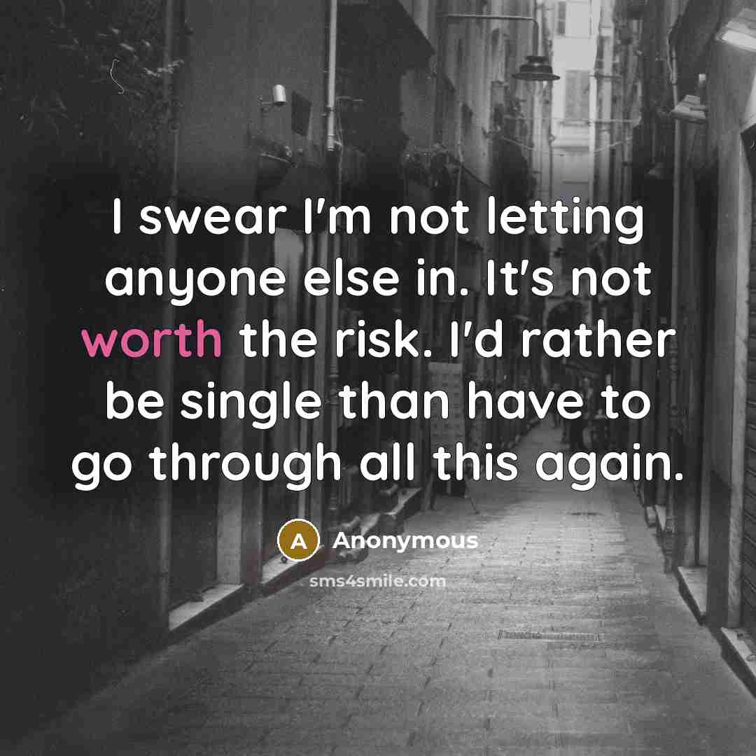“I swear I'm not letting anyone else in. It's not worth the risk. I'd rather be single than have to go through all this again.” quote by Anonymous