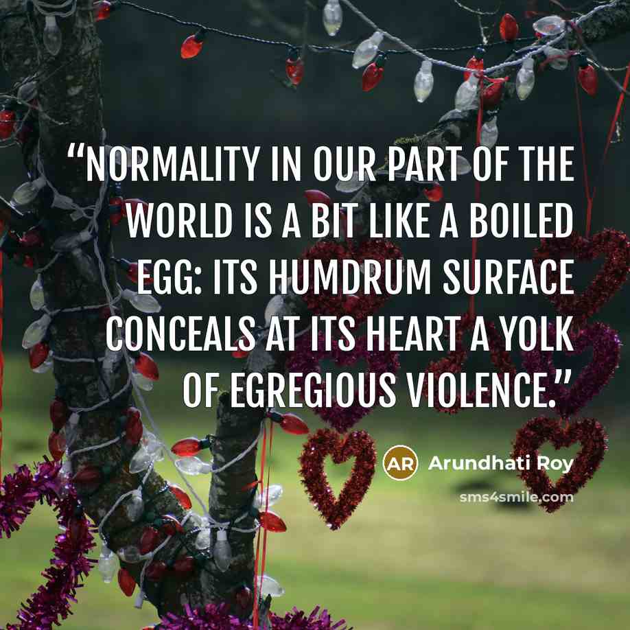 “Normality in our part of the world is a bit like a boiled egg: its humdrum surface conceals at its heart a yolk of egregious violence.” quote by Arundhati Roy