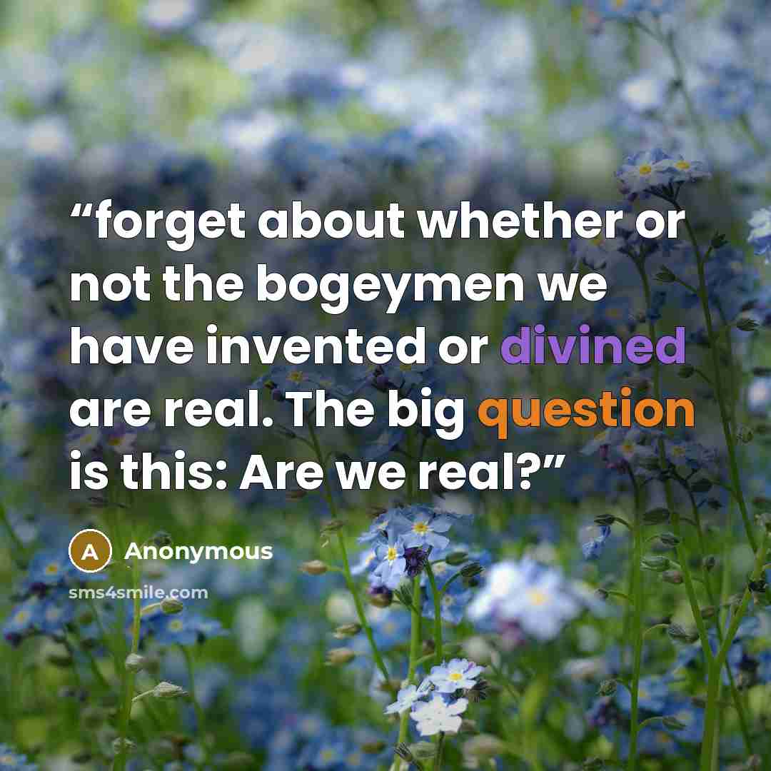“forget about whether or not the bogeymen we have invented or divined are real. The big question is this: Are we real?” quote by Anonymous
