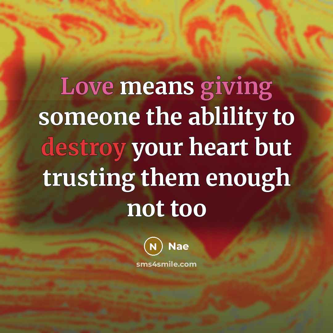 “Love means giving someone the ablility to destroy your heart but trusting them enough not too” quote by Nae