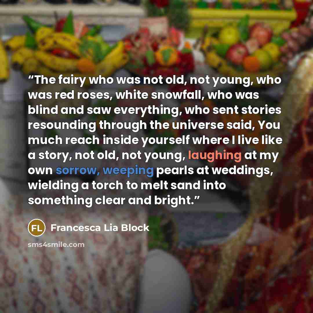 “The fairy who was not old, not young, who was red roses, white snowfall, who was blind and saw everything, who sent stories resounding through the universe said, You much reach inside yourself where I live like a story, not old, not young, laughing at my own sorrow, weeping pearls at weddings…” quote by Francesca Lia Block