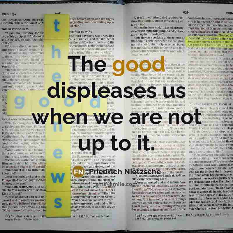 “The good displeases us when we are not up to it.” quote by Friedrich Nietzsche