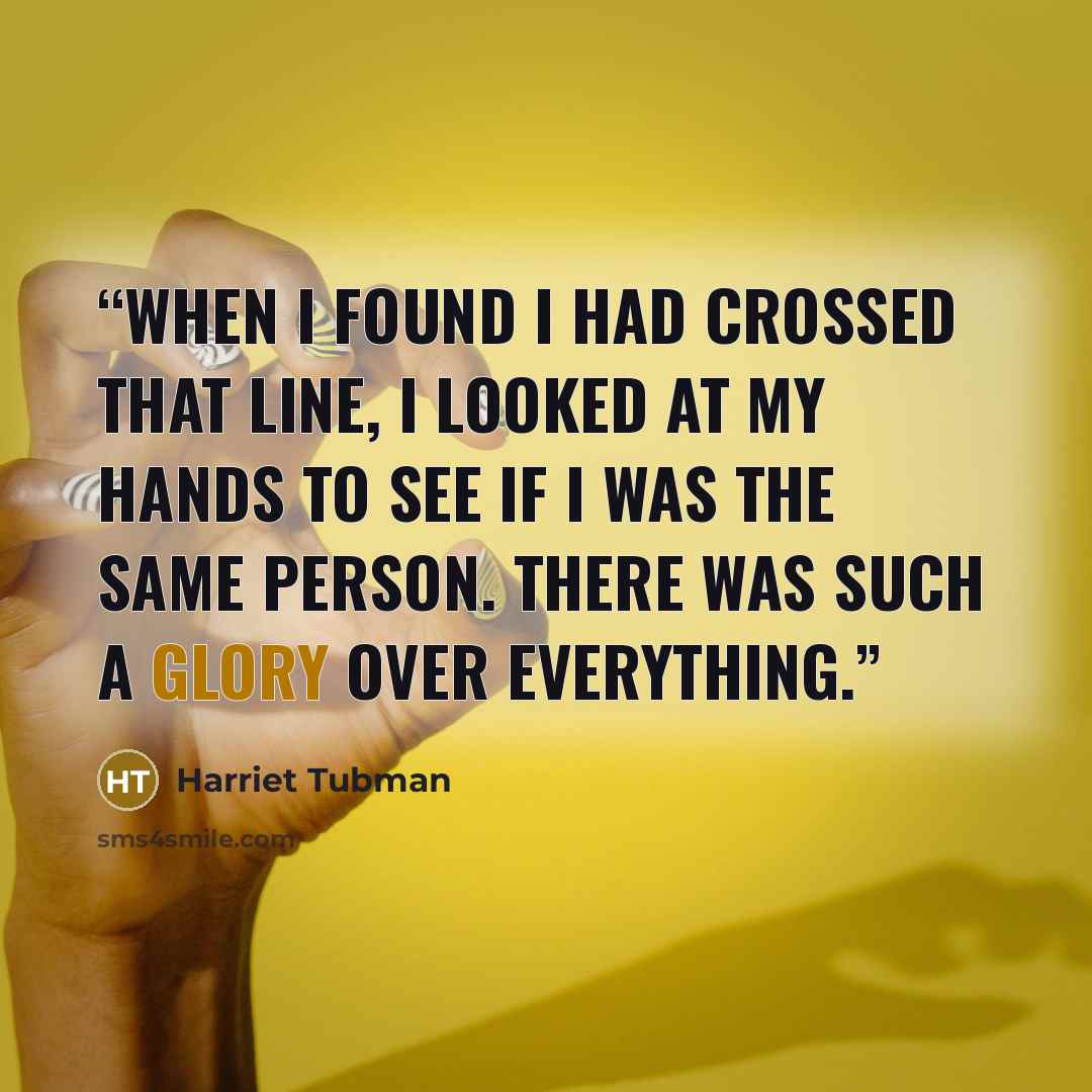 “When I found I had crossed that line, I looked at my hands to see if I was the same person. There was such a glory over everything.” quote by Harriet Tubman