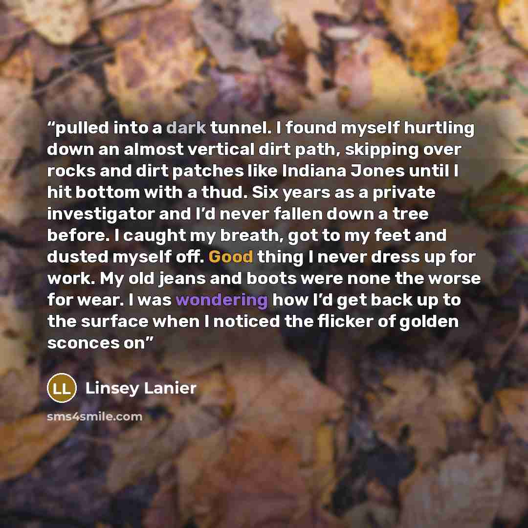 “pulled into a dark tunnel. I found myself hurtling down an almost vertical dirt path, skipping over rocks and dirt patches like Indiana Jones until I hit bottom with a thud. Six years as a private investigator and I’d never fallen down a tree before. I caught my breath, got to my feet and dusted…” quote by Linsey Lanier