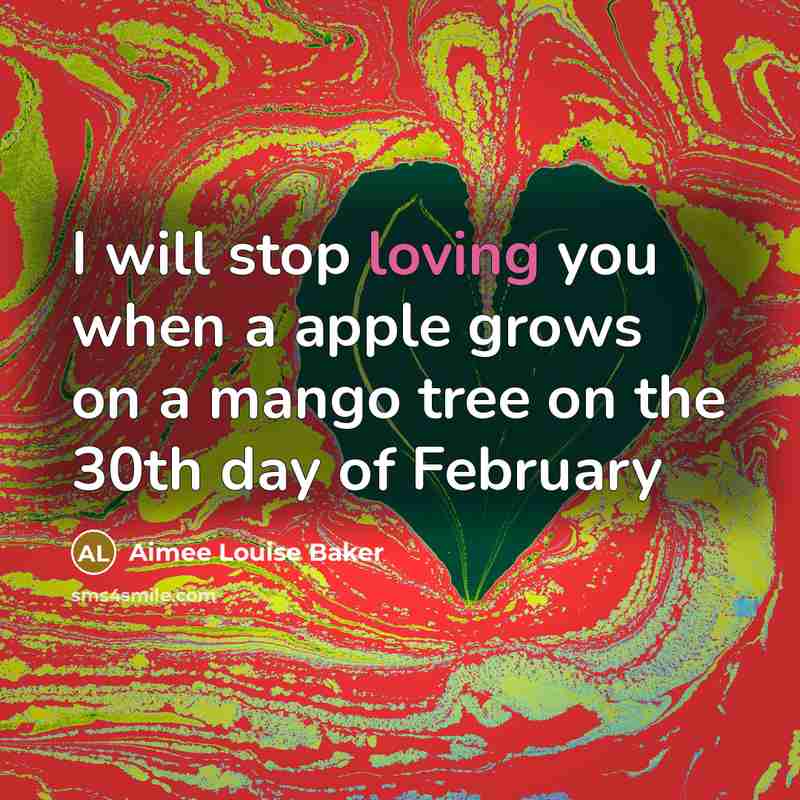 “I will stop loving you when a apple grows on a mango tree on the 30th day of February” quote by Aimee Louise Baker