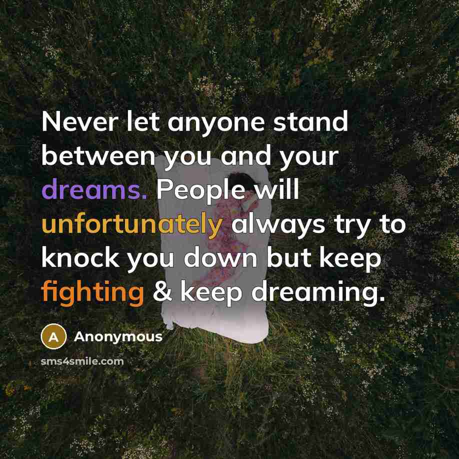 “Never let anyone stand between you and your dreams. People will unfortunately always try to knock you down but keep fighting & keep dreaming.” quote by Anonymous