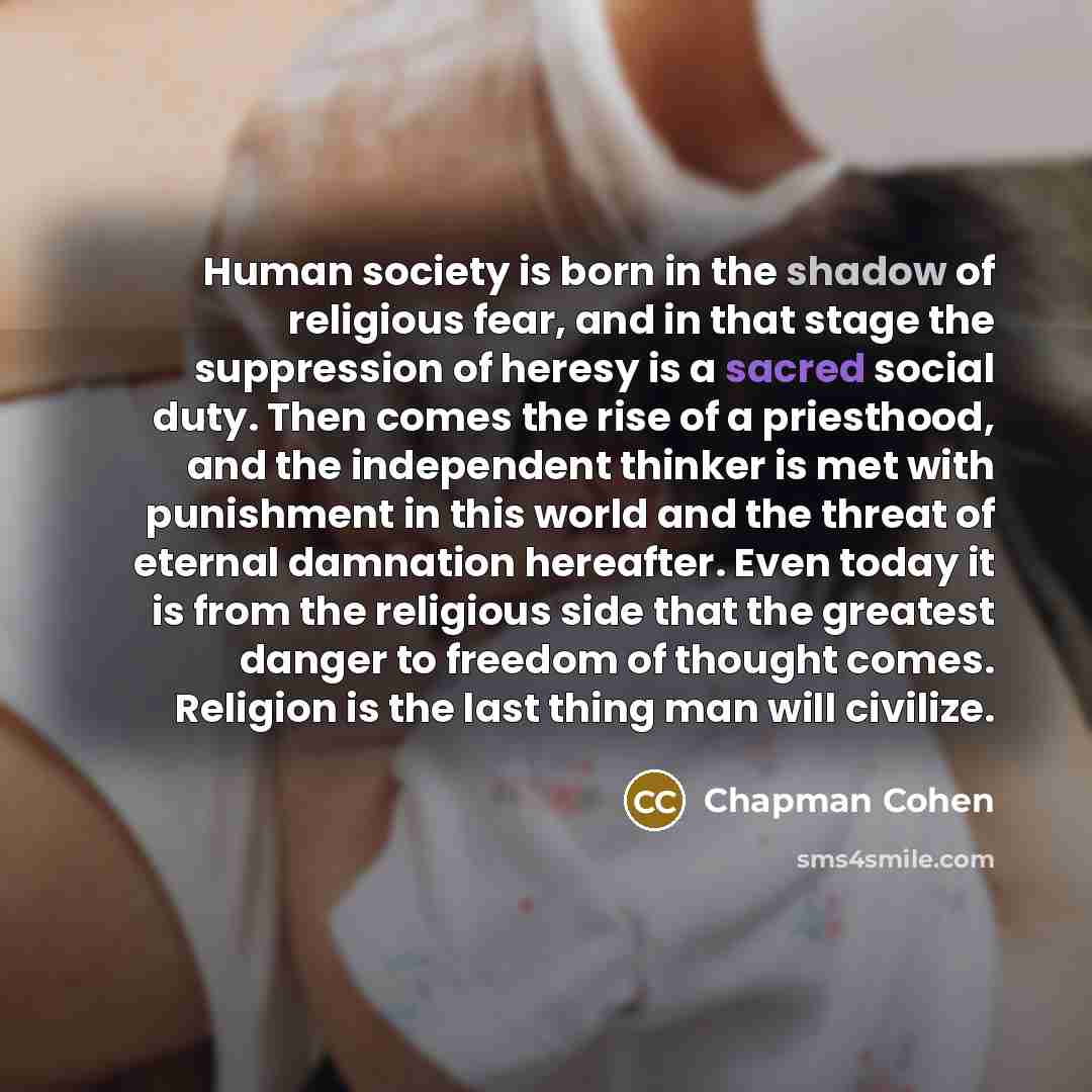 “Human society is born in the shadow of religious fear,…” quote by Chapman Cohen