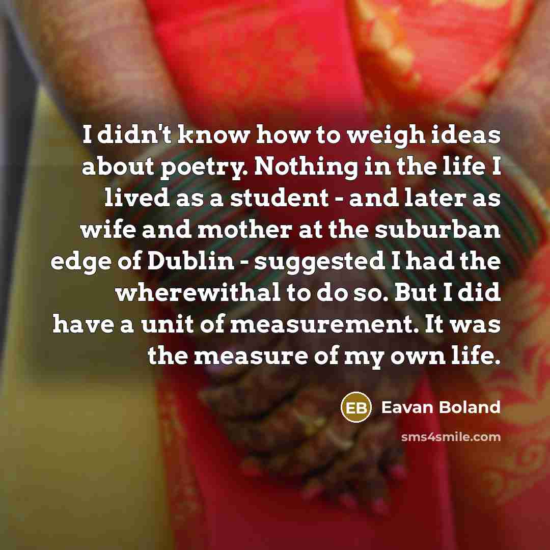 “I didn't know how to weigh ideas about poetry. Nothing…” quote by Eavan Boland