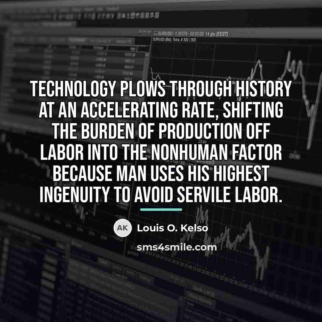 “Technology plows through history at an accelerating rate, shifting the…” quote by Louis O. Kelso