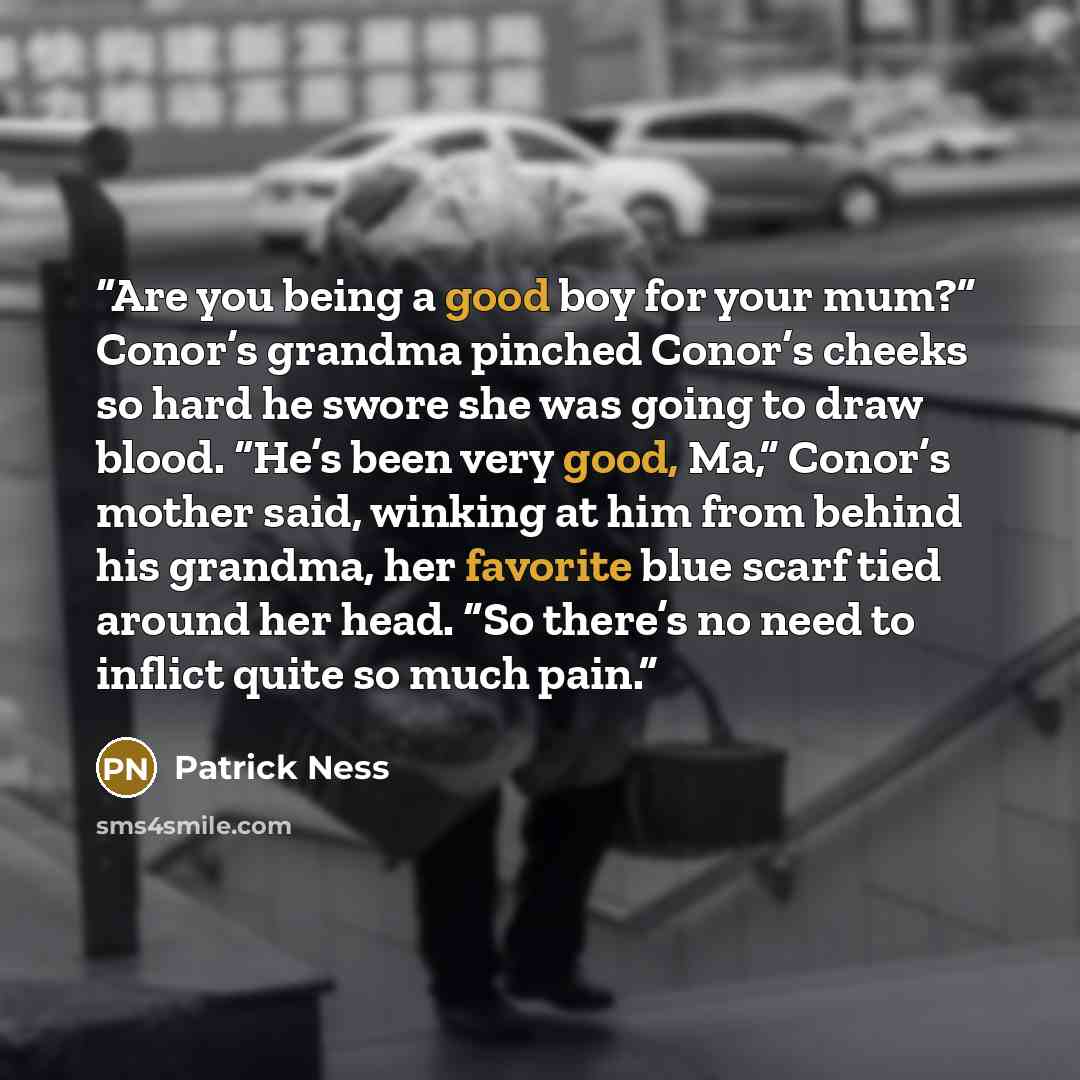 “Are you being a good boy for your mum?” Conor’s grandma pinched Conor’s cheeks so hard he swore she was going to draw blood. “He’s been very good, Ma,” Conor’s mother said, winking at him from behind his grandma, her favorite blue scarf tied around her head. “So there’s no need to inflict quite so…” quote by Patrick Ness