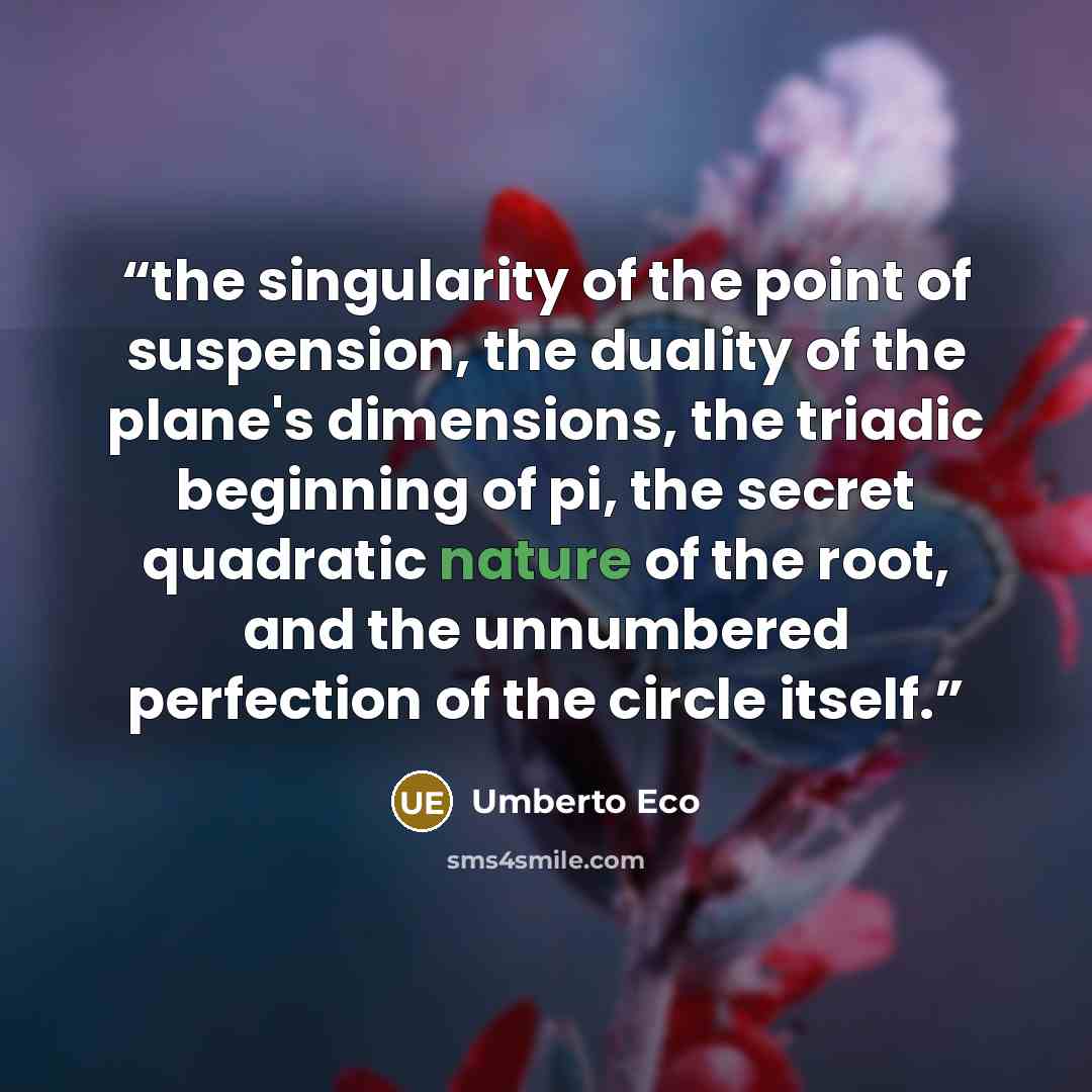 “the singularity of the point of suspension, the duality of the plane's dimensions, the triadic beginning of pi, the secret quadratic nature of the root, and the unnumbered perfection of the circle itself.” quote by Umberto Eco