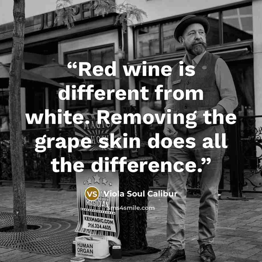 “Red wine is different from white. Removing the grape skin does all the difference.” quote by Viola Soul Calibur