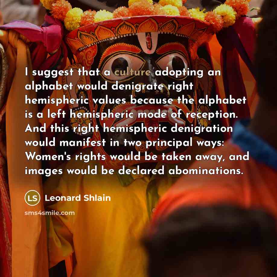 “I suggest that a culture adopting an alphabet would denigrate…” quote by Leonard Shlain