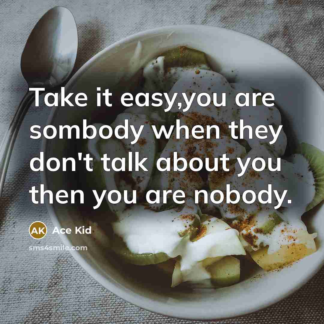 “Take it easy,you are sombody when they don't talk about you then you are nobody.” quote by Ace Kid
