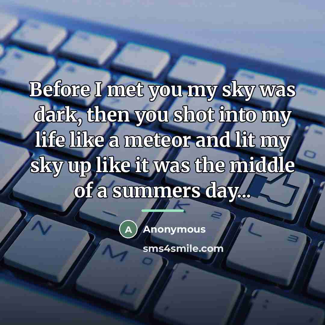“Before I met you my sky was dark, then you shot into my life like a meteor and lit my sky up like it was the middle of a summers day...” quote by Anonymous
