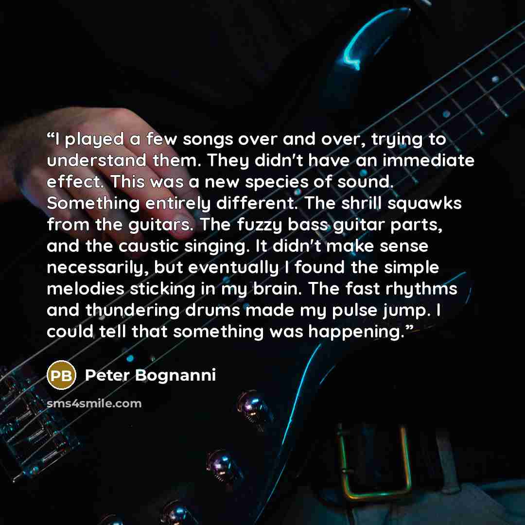 “I played a few songs over and over, trying to understand them. They didn't have an immediate effect. This was a new species of sound. Something entirely different. The shrill squawks from the guitars. The fuzzy bass guitar parts, and the caustic singing. It didn't make sense necessarily, but…” quote by Peter Bognanni