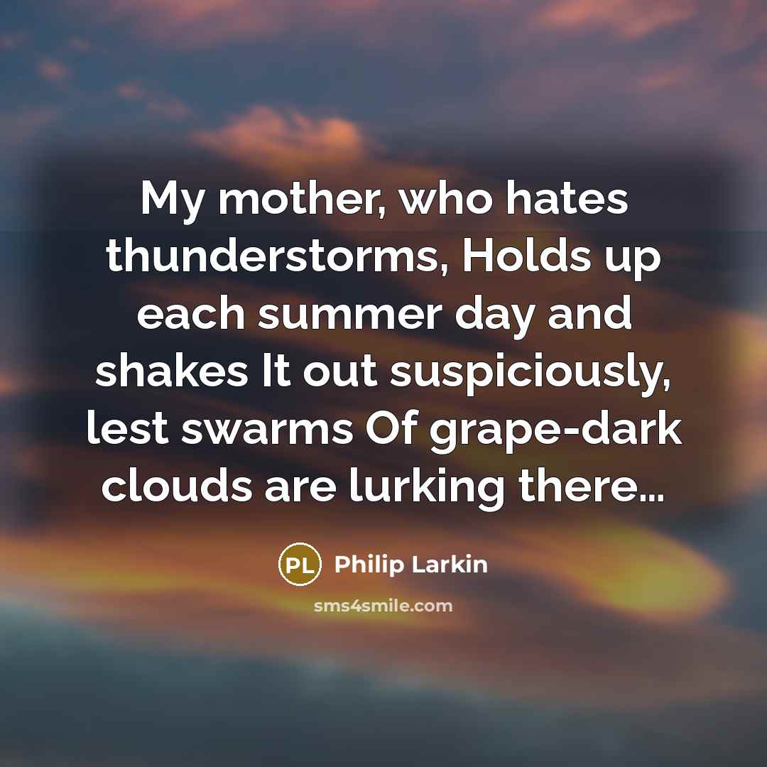 “My mother, who hates thunderstorms, Holds up each summer day…” quote by Philip Larkin