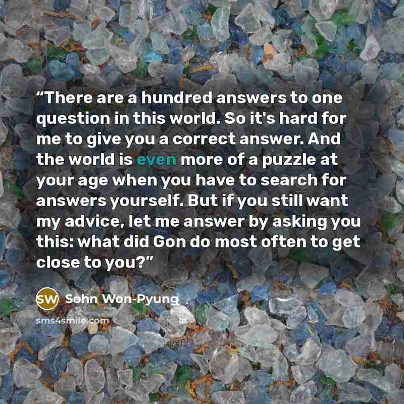 “There are a hundred answers to one question in this world. So it's hard for me to give you a correct answer. And the world is even more of a puzzle at your age when you have to search for answers yourself. But if you still want my advice, let me answer by asking you this: what did Gon do most…” quote by Sohn Won-Pyung