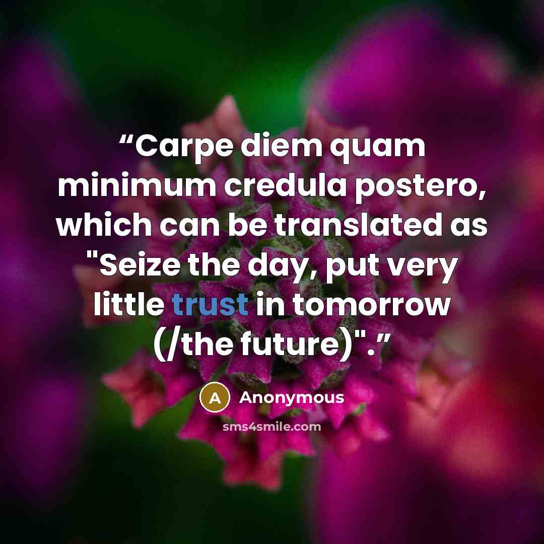 “Carpe diem quam minimum credula postero, which can be translated as "Seize the day, put very little trust in tomorrow (/the future)".” quote by Anonymous