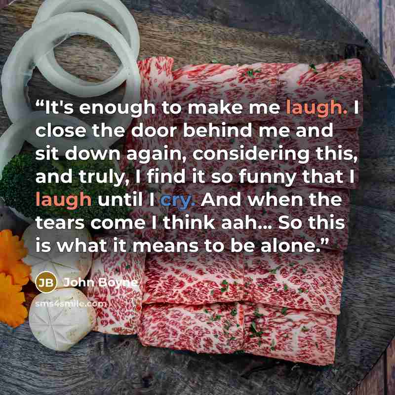 “It's enough to make me laugh. I close the door behind me and sit down again, considering this, and truly, I find it so funny that I laugh until I cry. And when the tears come I think aah... So this is what it means to be alone.” quote by John Boyne