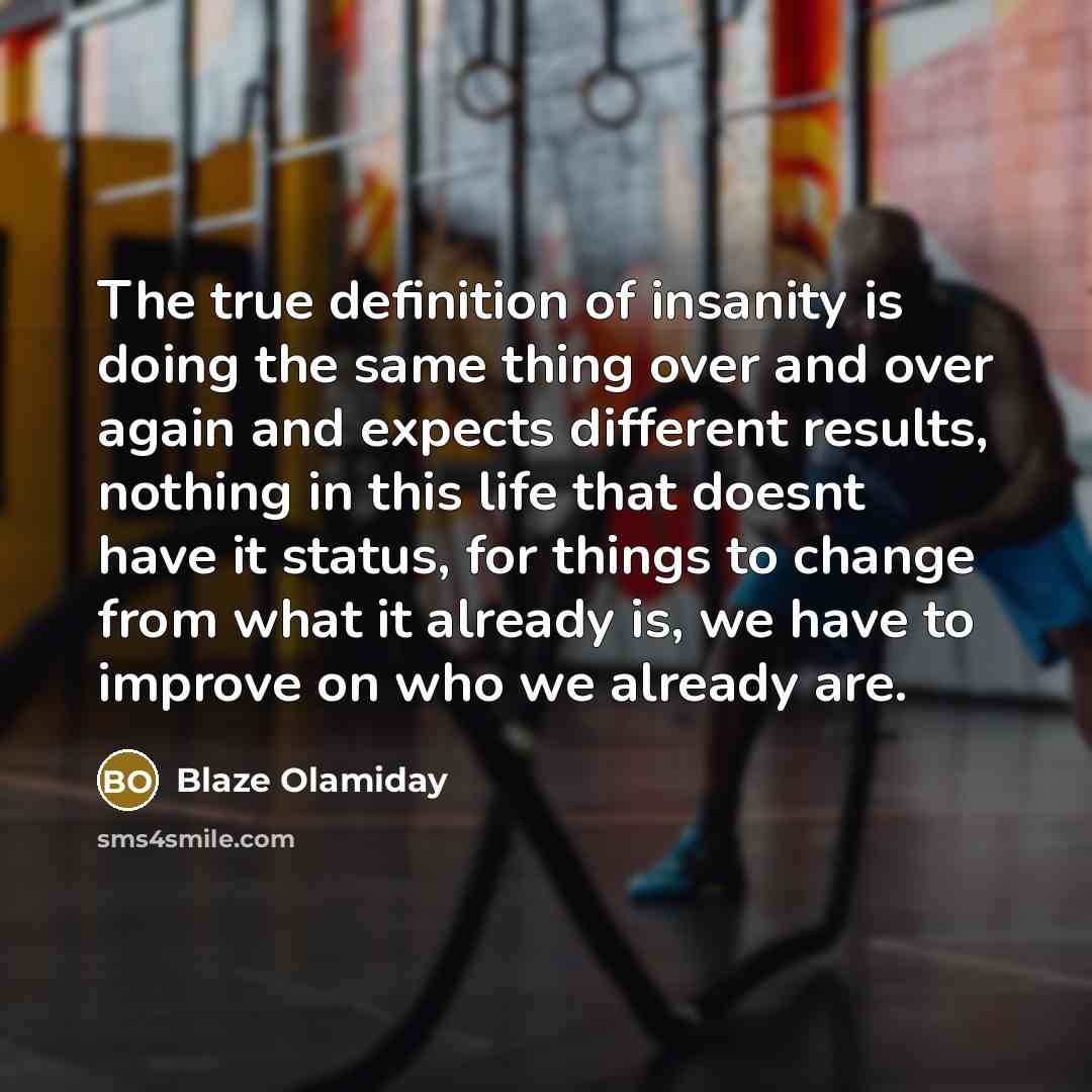 “The true definition of insanity is doing the same thing over and over again and expects different results, nothing in this life that doesnt have it status, for things to change from what it already is, we have to improve on who we already are.” quote by Blaze Olamiday