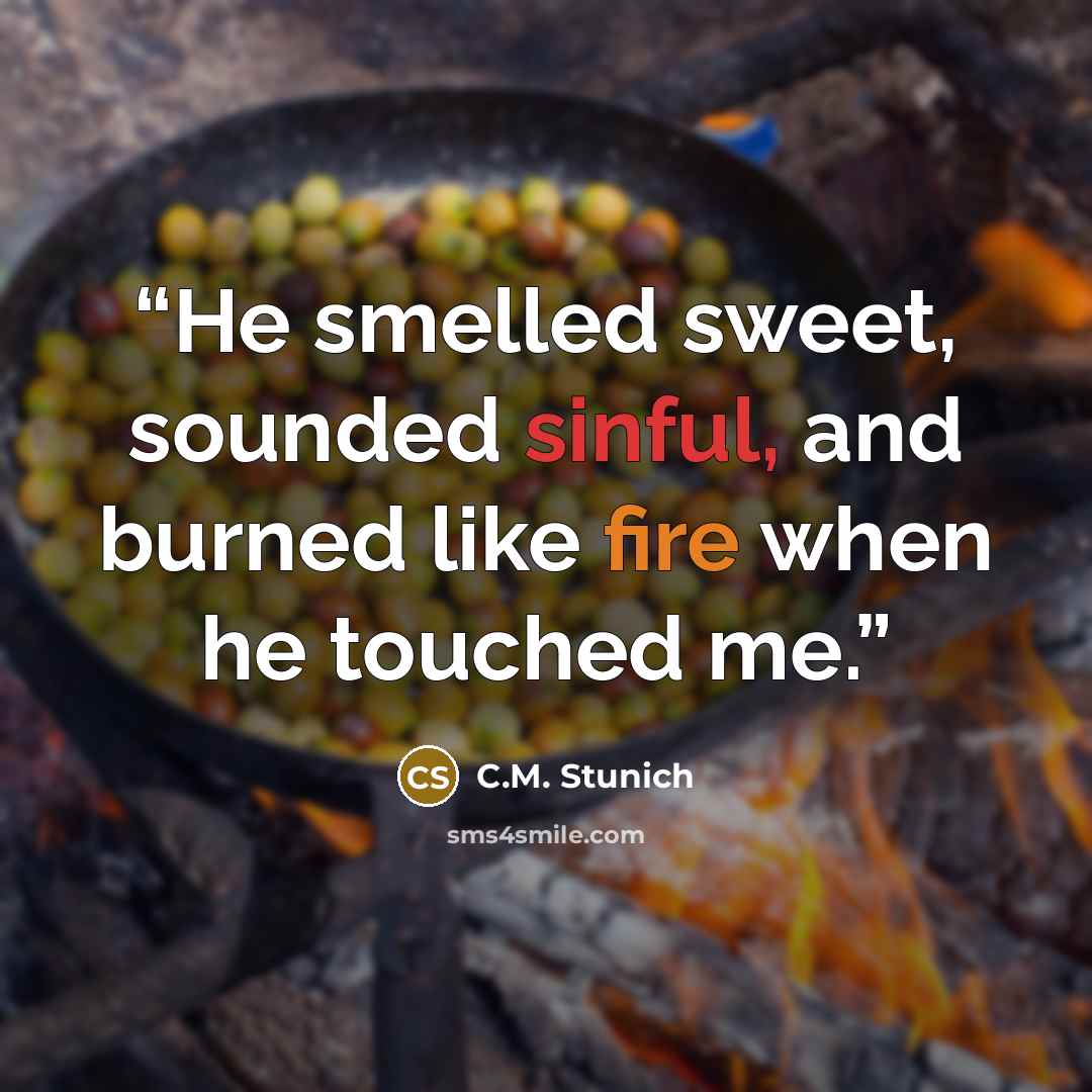 “He smelled sweet, sounded sinful, and burned like fire when he touched me.” quote by C.M. Stunich