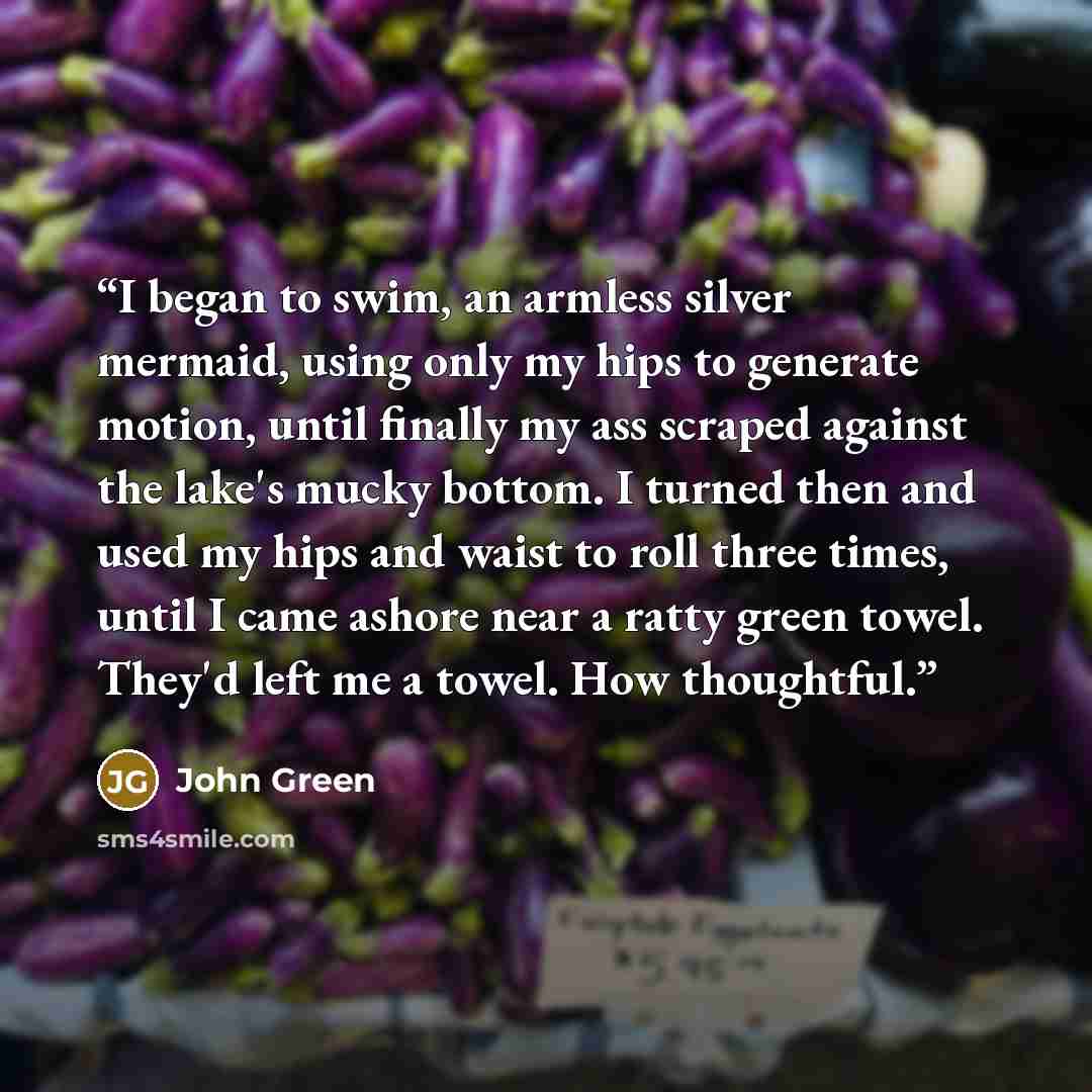 “I began to swim, an armless silver mermaid, using only my hips to generate motion, until finally my ass scraped against the lake's mucky bottom. I turned then and used my hips and waist to roll three times, until I came ashore near a ratty green towel. They'd left me a towel. How thoughtful.” quote by John Green