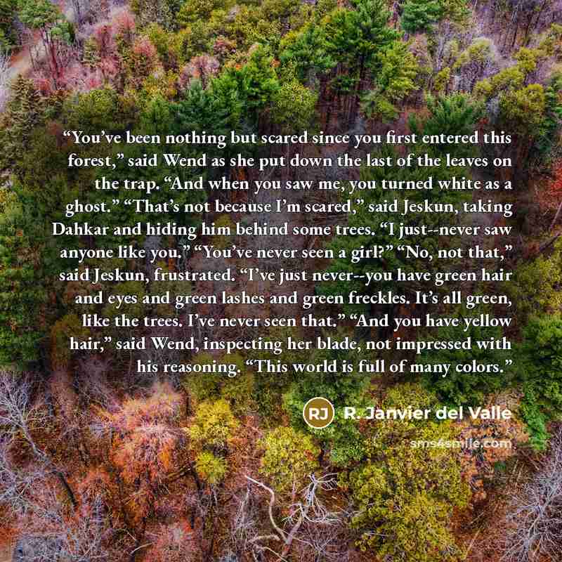“You’ve been nothing but scared since you first entered this forest,” said Wend as she put down the last of the leaves on the trap. “And when you saw me, you turned white as a ghost.” “That’s not because I’m scared,” said Jeskun, taking Dahkar and hiding him behind some trees. “I just--never saw…” quote by R. Janvier del Valle