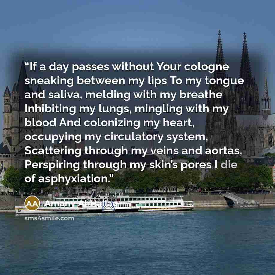 “If a day passes without Your cologne sneaking between my lips To my tongue and saliva, melding with my breathe Inhibiting my lungs, mingling with my blood And colonizing my heart, occupying my circulatory system, Scattering through my veins and aortas, Perspiring through my skin’s pores I die of…” quote by Amany Al-Hallaq