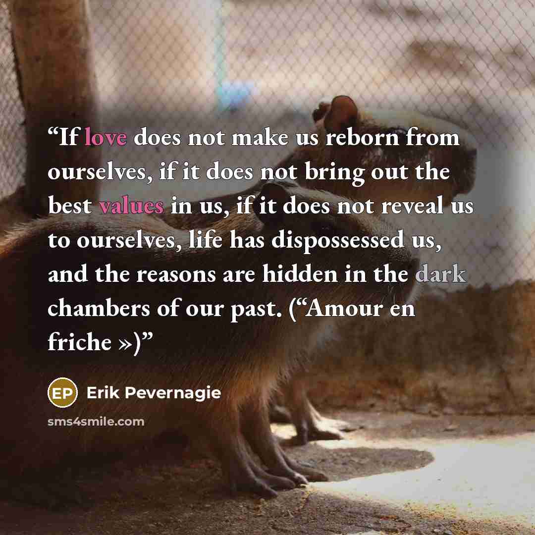 “If love does not make us reborn from ourselves, if it does not bring out the best values in us, if it does not reveal us to ourselves, life has dispossessed us, and the reasons are hidden in the dark chambers of our past. (“Amour en friche »)” quote by Erik Pevernagie