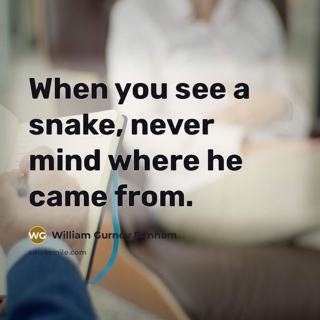 “When you see a snake, never mind where he came…” quote by William Gurney Benham