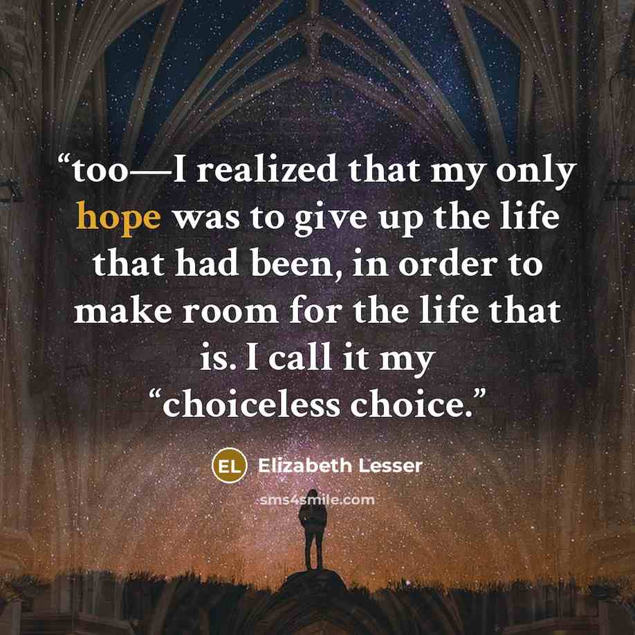 “too—I realized that my only hope was to give up the life that had been, in order to make room for the life that is. I call it my “choiceless choice.” quote by Elizabeth Lesser