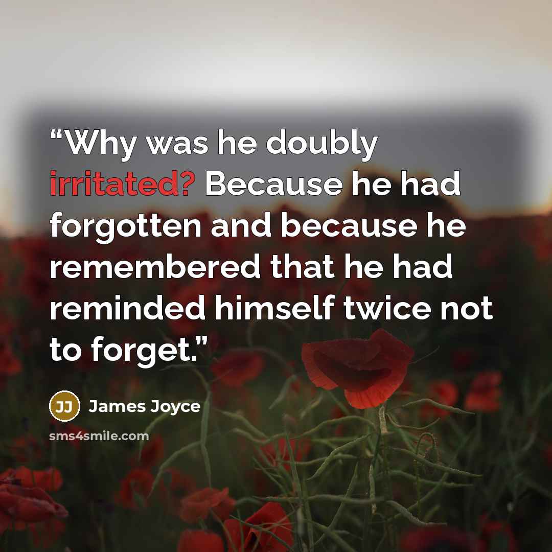 “Why was he doubly irritated? Because he had forgotten and because he remembered that he had reminded himself twice not to forget.” quote by James Joyce