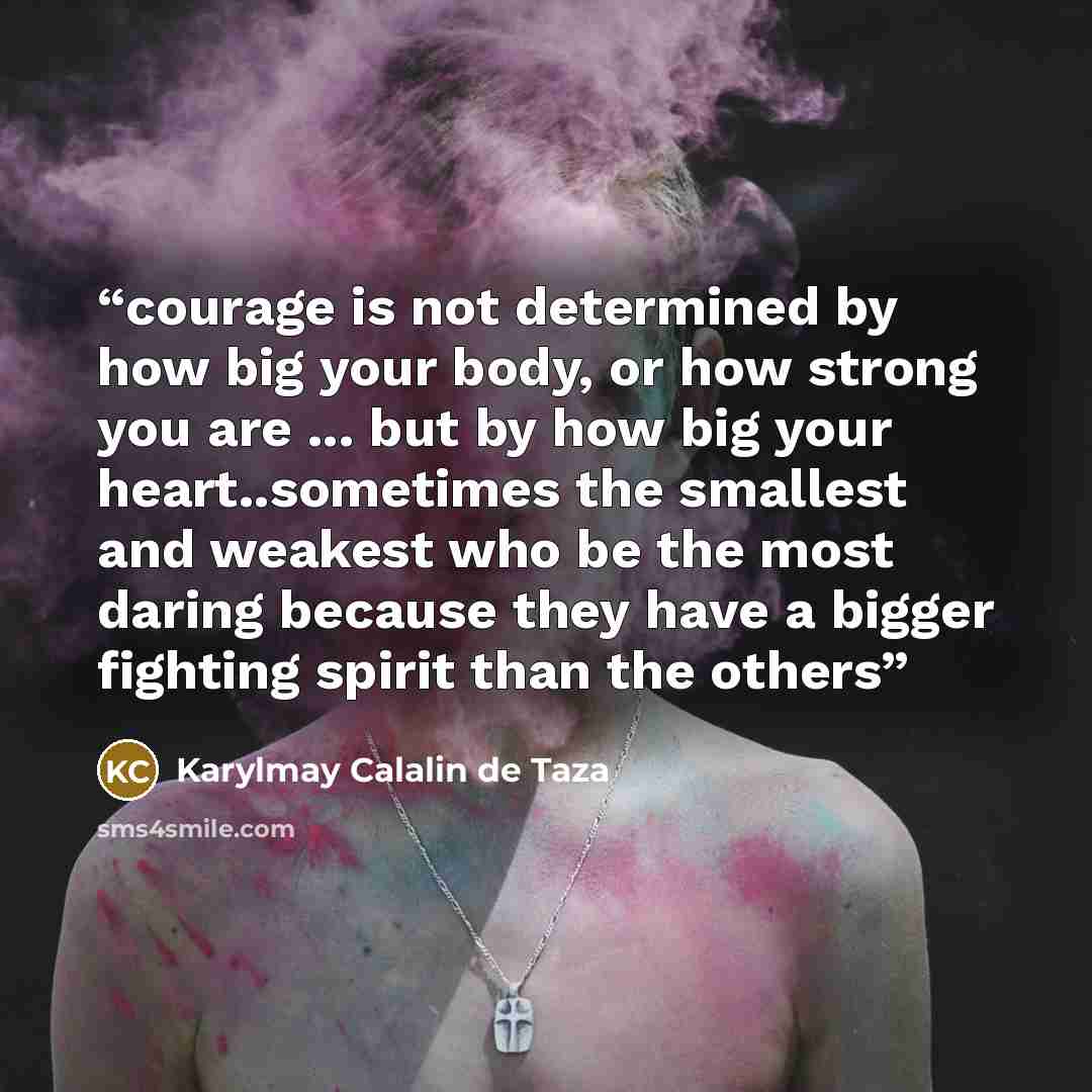“courage is not determined by how big your body, or how strong you are ... but by how big your heart..sometimes the smallest and weakest who be the most daring because they have a bigger fighting spirit than the others” quote by Karylmay Calalin de Taza