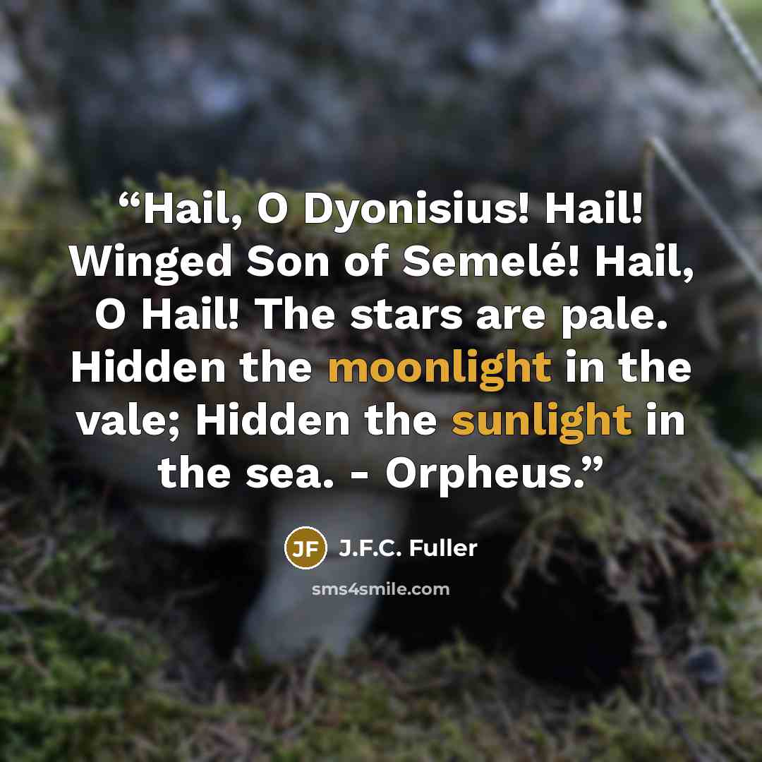 “Hail, O Dyonisius! Hail! Winged Son of Semelé! Hail, O Hail! The stars are pale. Hidden the moonlight in the vale; Hidden the sunlight in the sea. - Orpheus.” quote by J.F.C. Fuller