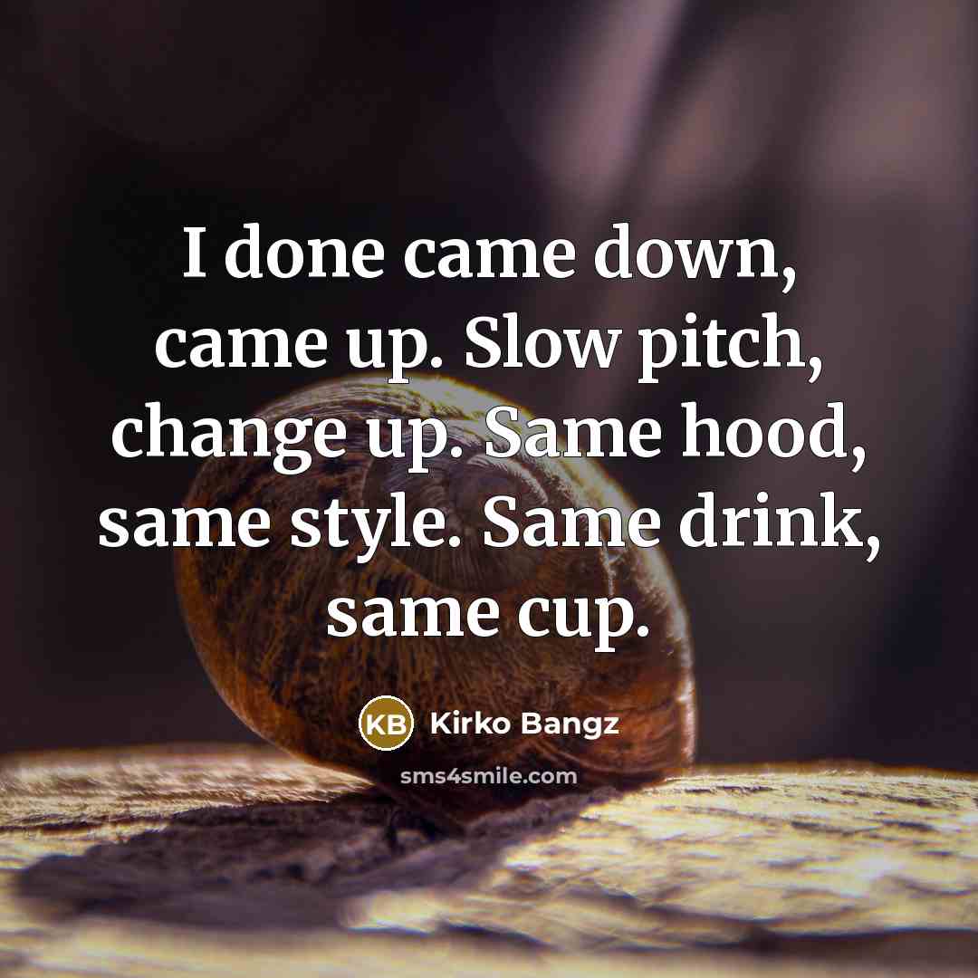 “I done came down, came up. Slow pitch, change up. Same hood, same style. Same drink, same cup.” quote by Kirko Bangz