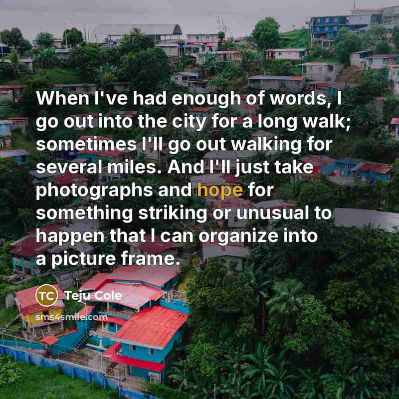 “When I've had enough of words, I go out into…” quote by Teju Cole