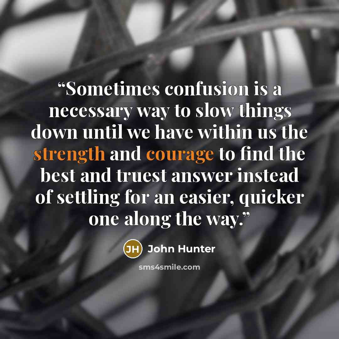“Sometimes confusion is a necessary way to slow things down until we have within us the strength and courage to find the best and truest answer instead of settling for an easier, quicker one along the way.” quote by John Hunter