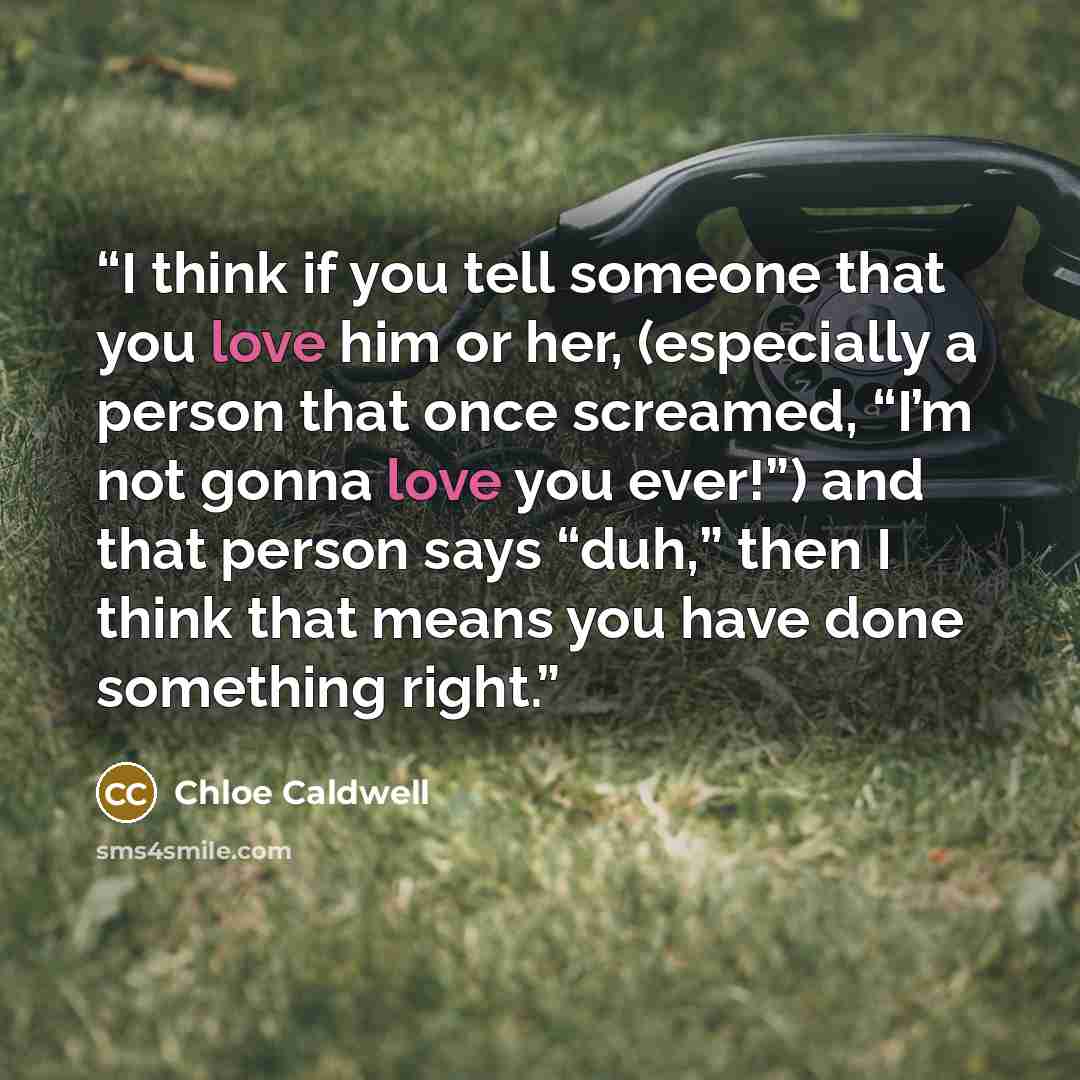 “I think if you tell someone that you love him or her, (especially a person that once screamed, “I’m not gonna love you ever!”) and that person says “duh,” then I think that means you have done something right.” quote by Chloe Caldwell