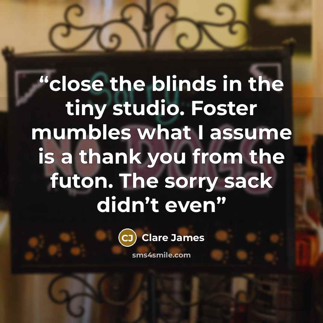 “close the blinds in the tiny studio. Foster mumbles what I assume is a thank you from the futon. The sorry sack didn’t even” quote by Clare James