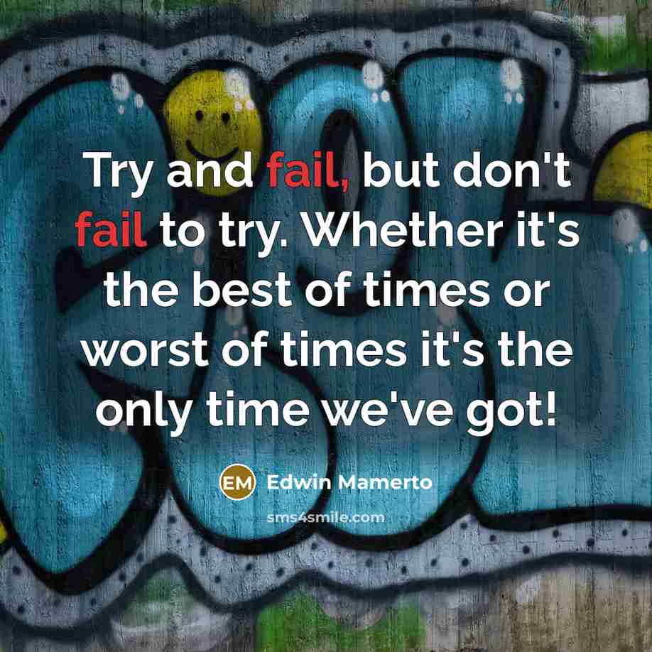 “Try and fail, but don't fail to try. Whether it's the best of times or worst of times it's the only time we've got!” quote by Edwin Mamerto