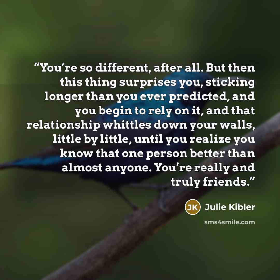 “You’re so different, after all. But then this thing surprises you, sticking longer than you ever predicted, and you begin to rely on it, and that relationship whittles down your walls, little by little, until you realize you know that one person better than almost anyone. You’re really and truly…” quote by Julie Kibler