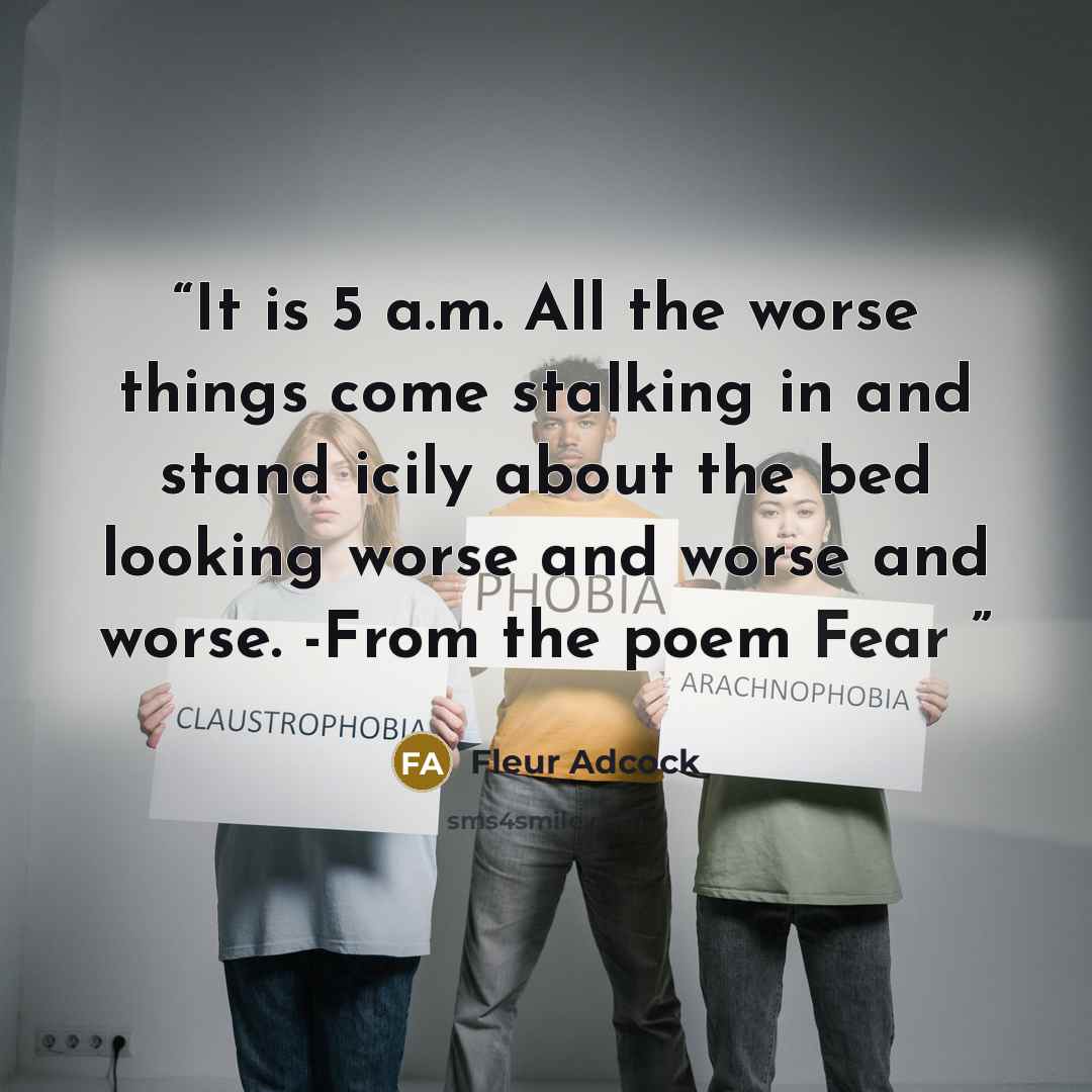 “It is 5 a.m. All the worse things come stalking in and stand icily about the bed looking worse and worse and worse. -From the poem Fear” quote by Fleur Adcock