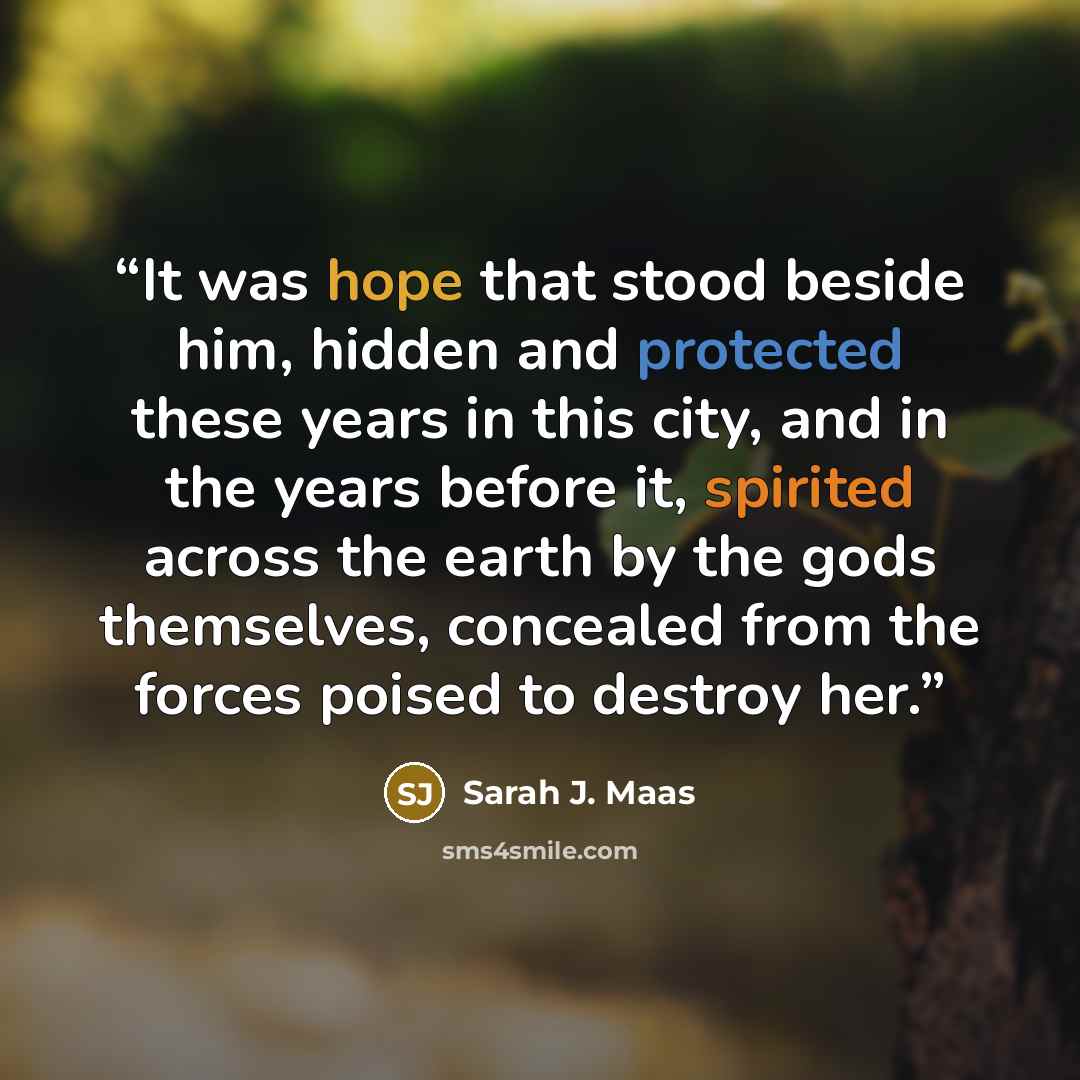 “It was hope that stood beside him, hidden and protected these years in this city, and in the years before it, spirited across the earth by the gods themselves, concealed from the forces poised to destroy her.” quote by Sarah J. Maas
