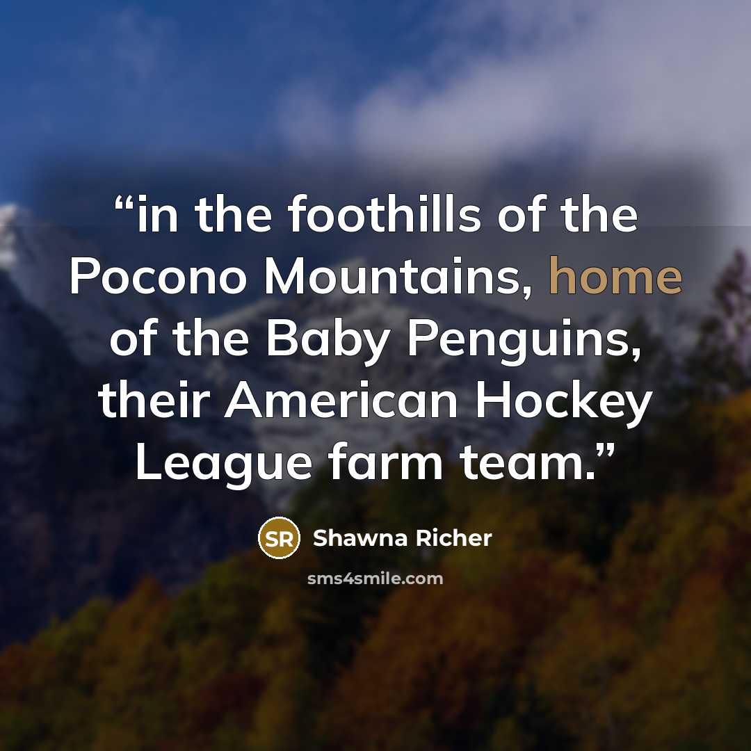 “in the foothills of the Pocono Mountains, home of the Baby Penguins, their American Hockey League farm team.” quote by Shawna Richer
