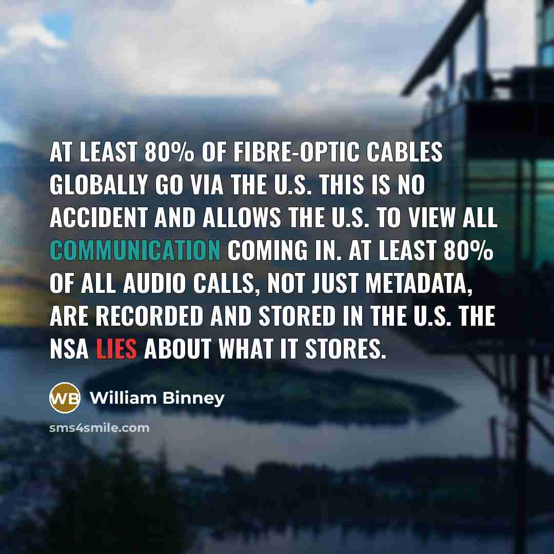 “At least 80% of fibre-optic cables globally go via the…” quote by William Binney