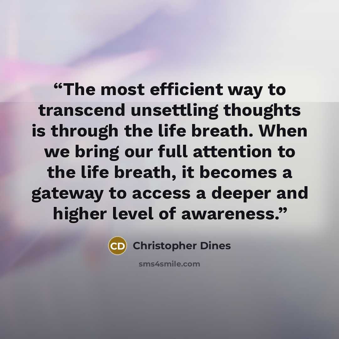 “The most efficient way to transcend unsettling thoughts is through the life breath. When we bring our full attention to the life breath, it becomes a gateway to access a deeper and higher level of awareness.” quote by Christopher Dines